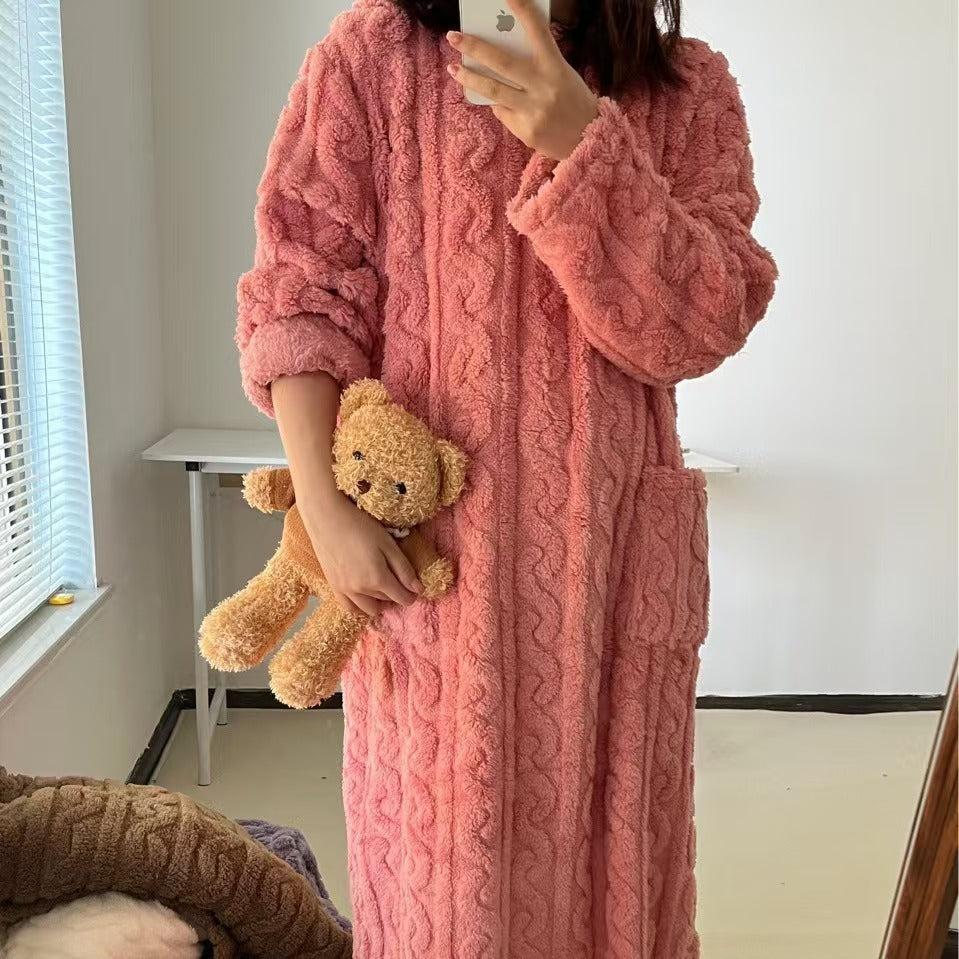 Women's Fleece-Lined Coral Velvet Nightgown for Winter